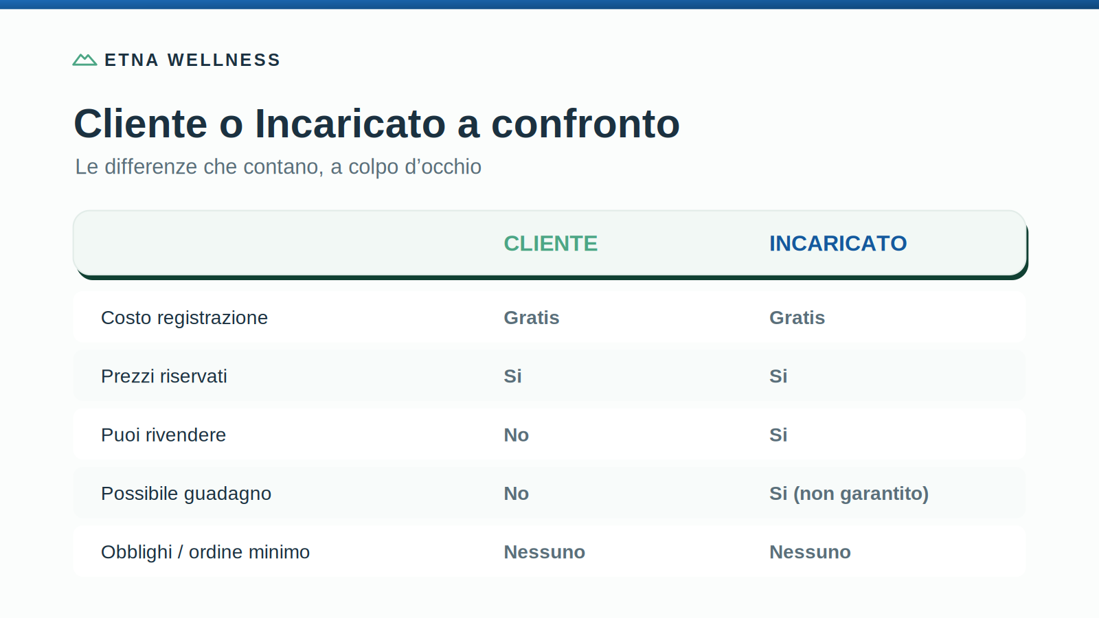 Confronto a colpo d'occhio tra cliente e incaricato Etna Wellness