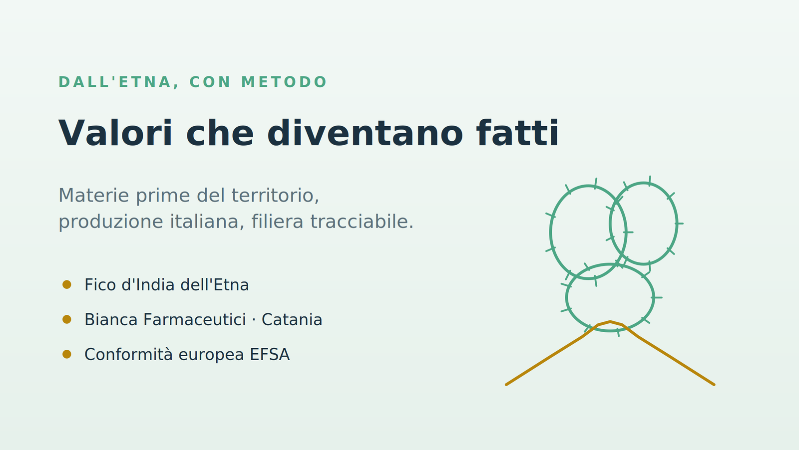 Valori aziendali Etna Wellness concreti: fico d'India dell'Etna, produzione Bianca Farmaceutici e conformità EFSA