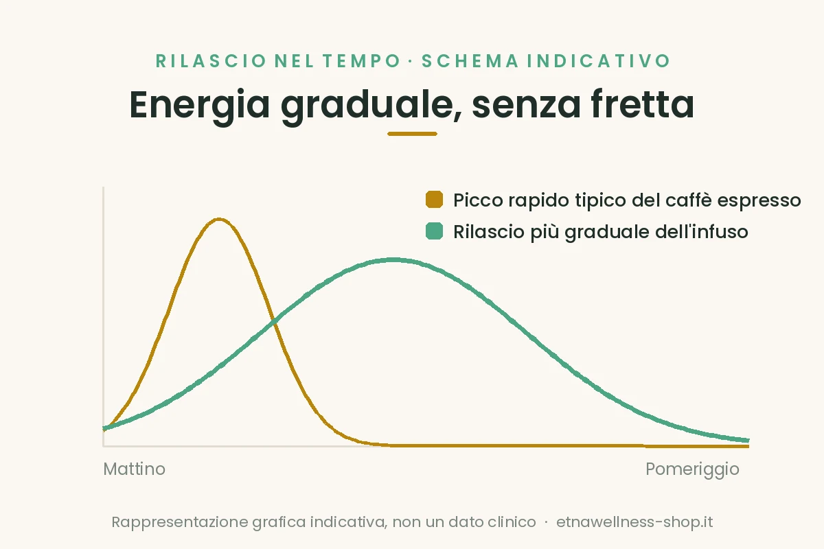 Energia naturale graduale della tisana energizzante rispetto al picco rapido del caffè espresso