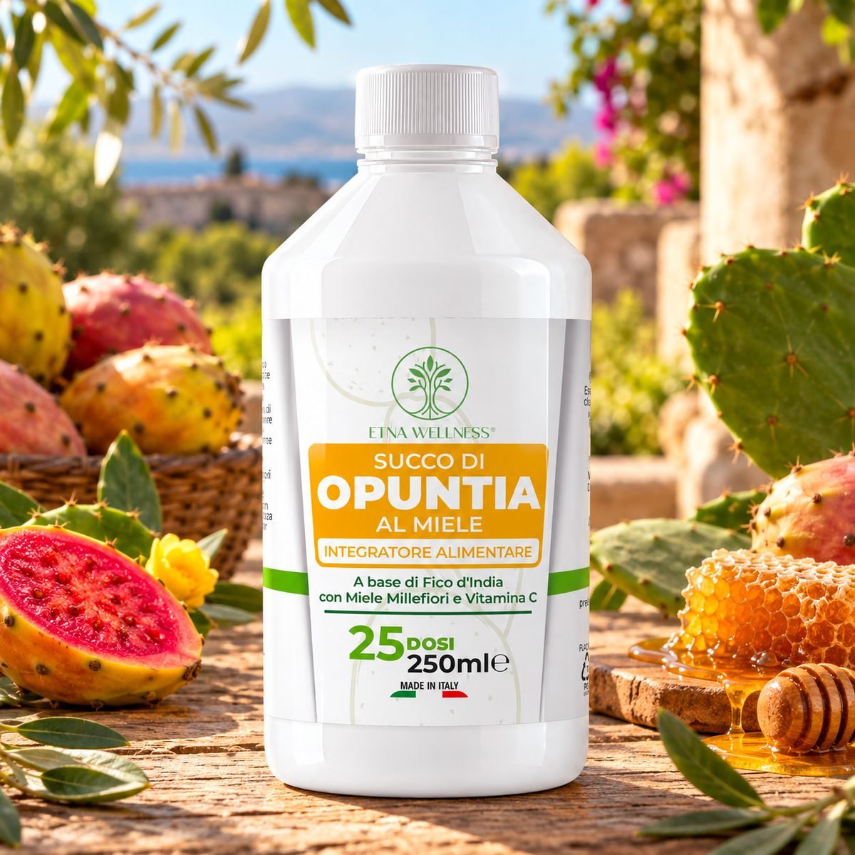 Succo di Opuntia al miele Etna Wellness con miele millefiori e vitamina C